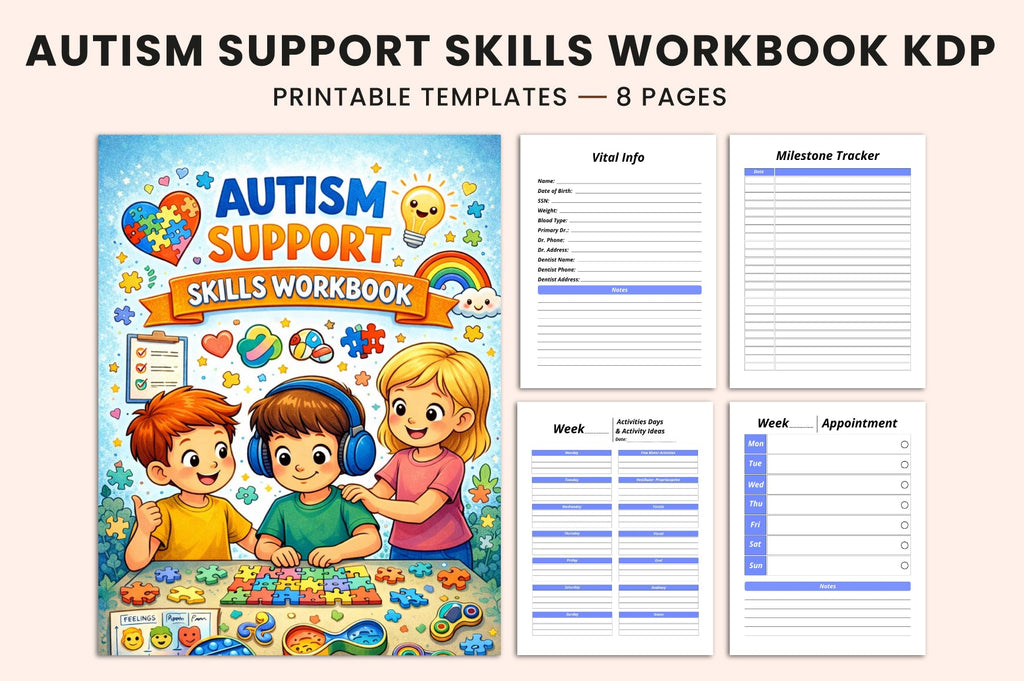 Autism Support Skills Workbook cover with printable autism support worksheets