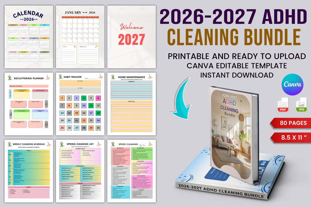 ADHD Cleaning Planner cover with printable home cleaning schedule