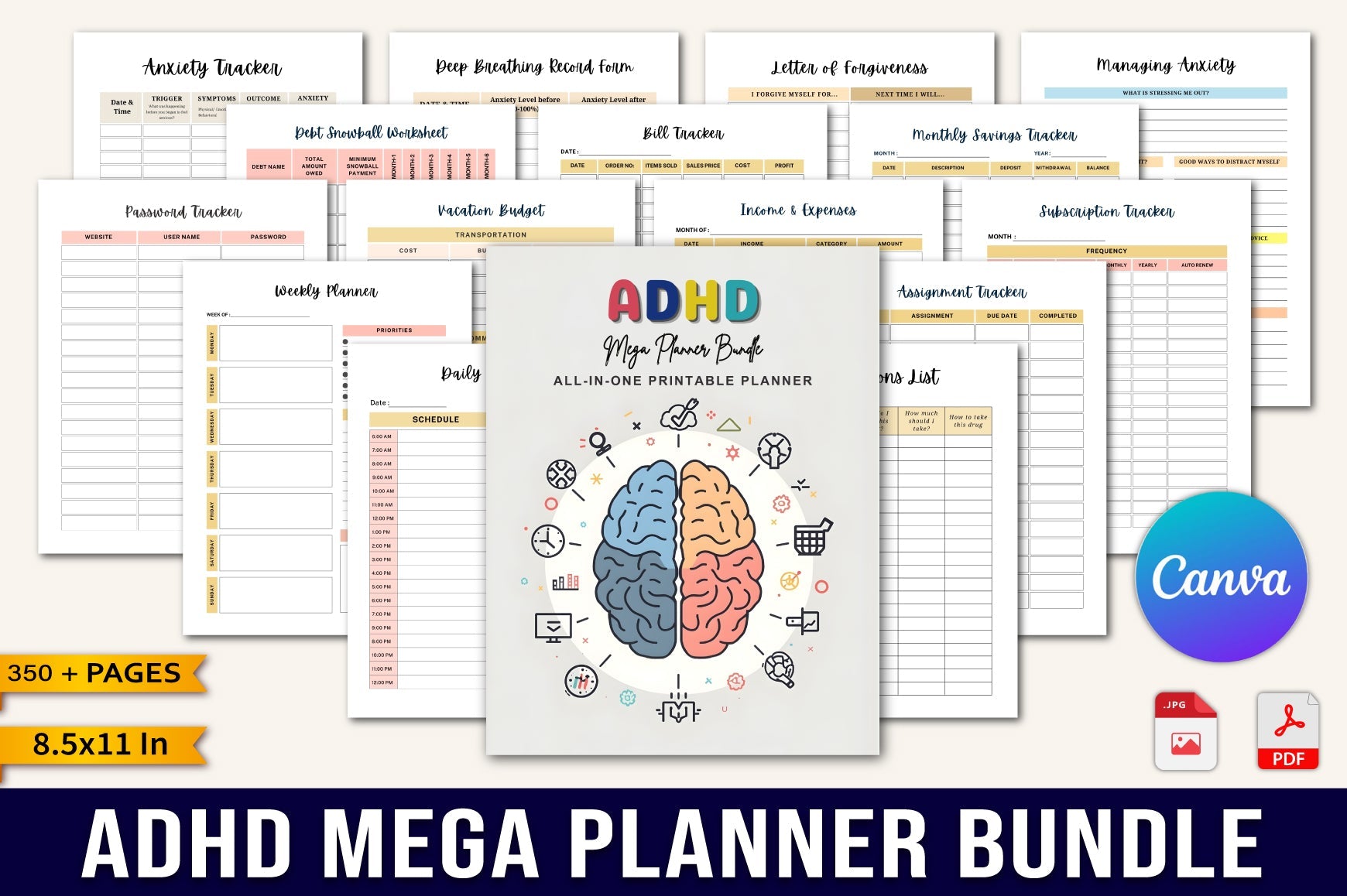 ADHD Mega Planner cover with printable planning and organization pages