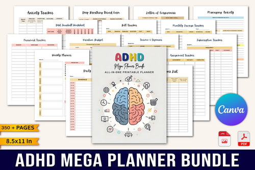 ADHD Mega Planner cover with printable planning and organization pages
