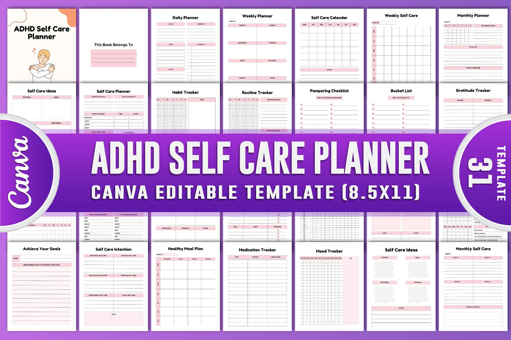 ADHD Self-Care Planner cover with printable self-care planner pages