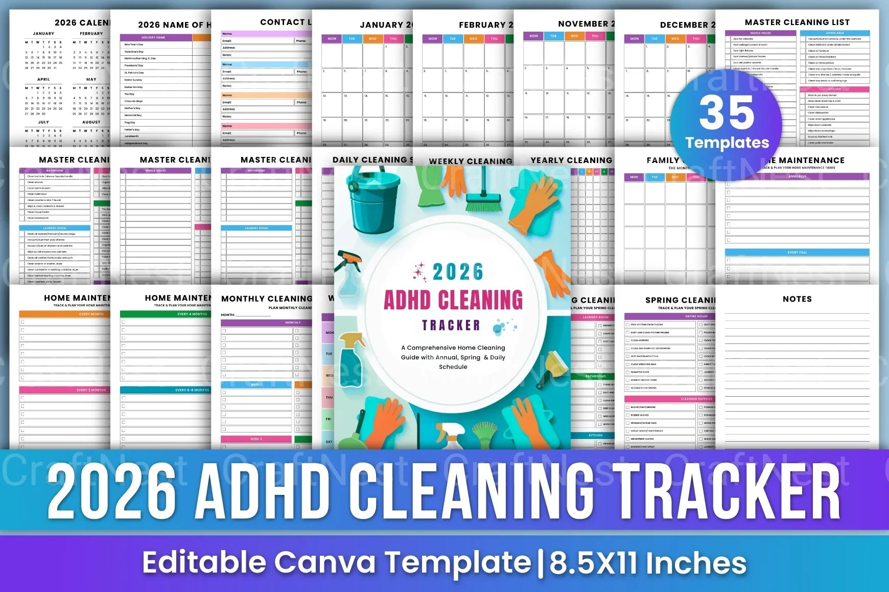 ADHD Printable Planner cleaning tracker cover for organized home