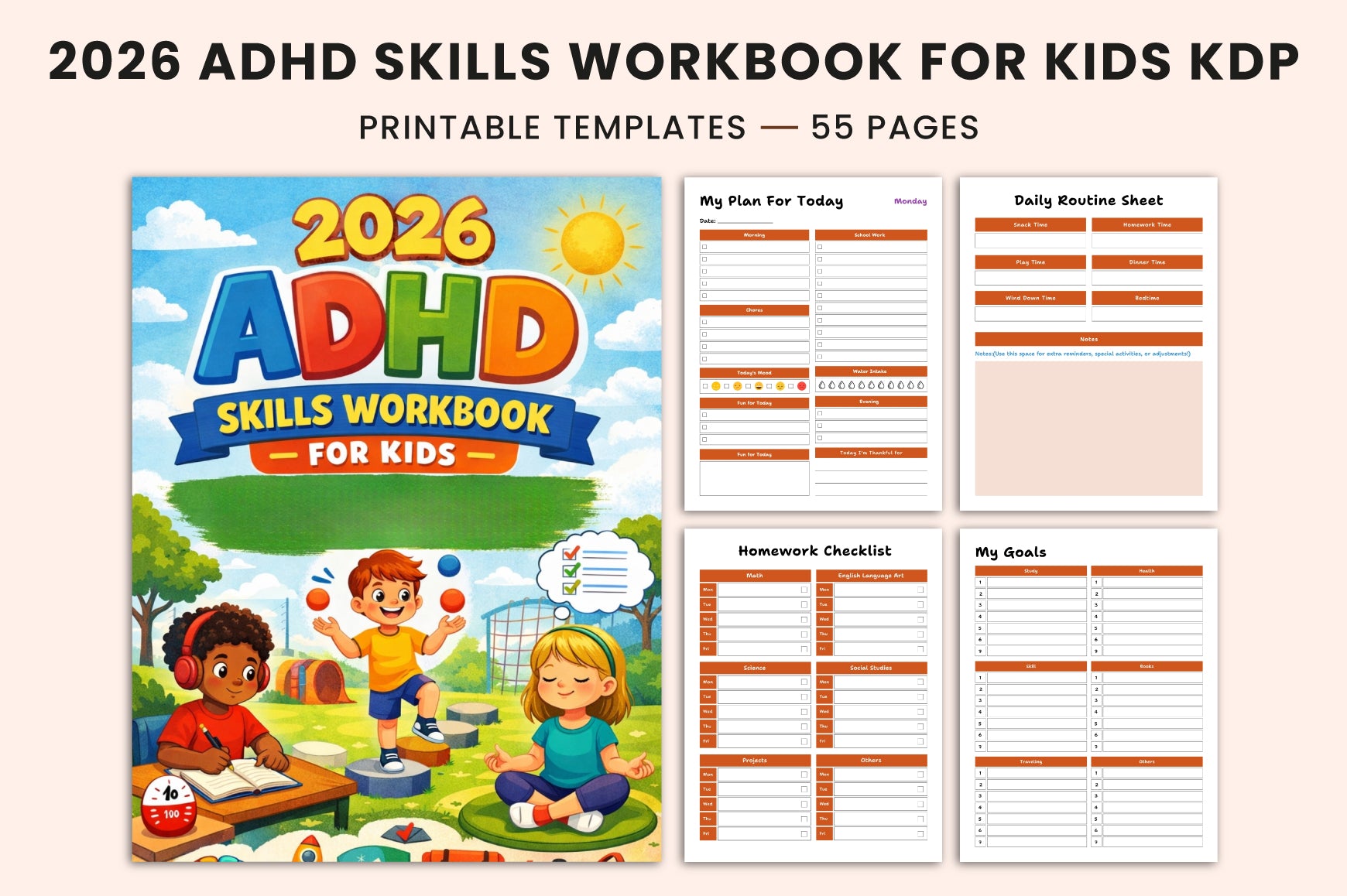 ADHD Skills Workbook for Kids cover with printable learning activities