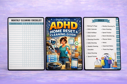 ADHD Home Reset Cleaning Guide featuring printable cleaning checklists