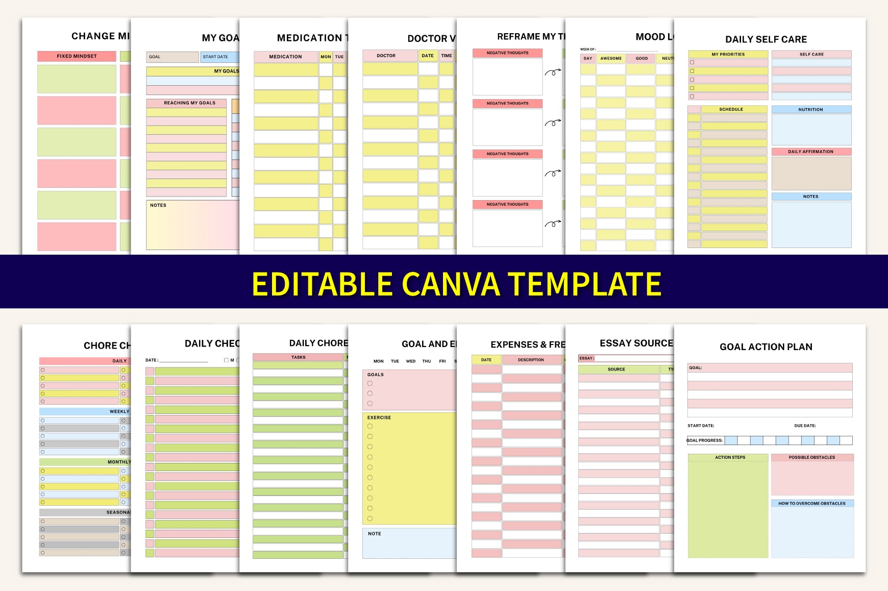 ADHD Brain Dump Journal featuring goal planning and focus worksheets