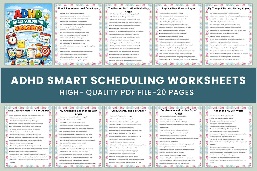ADHD Smart Scheduling Worksheets Book cover with printable scheduling planner pages
