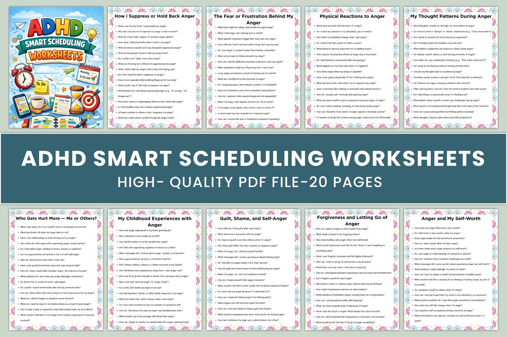 ADHD Smart Scheduling Worksheets Book cover with printable scheduling planner pages
