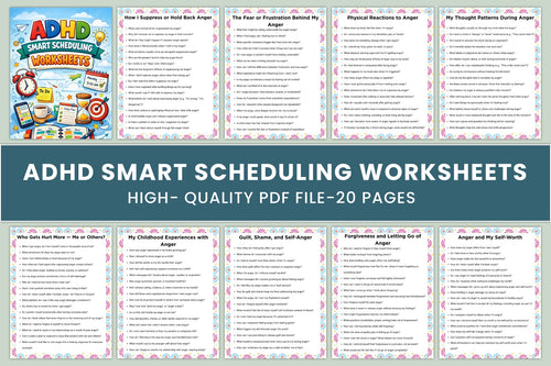 ADHD Smart Scheduling Worksheets Book cover with printable scheduling planner pages