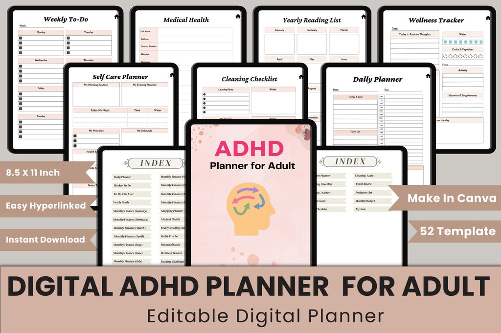 ADHD Printable Planner cover with printable planning and organization pages