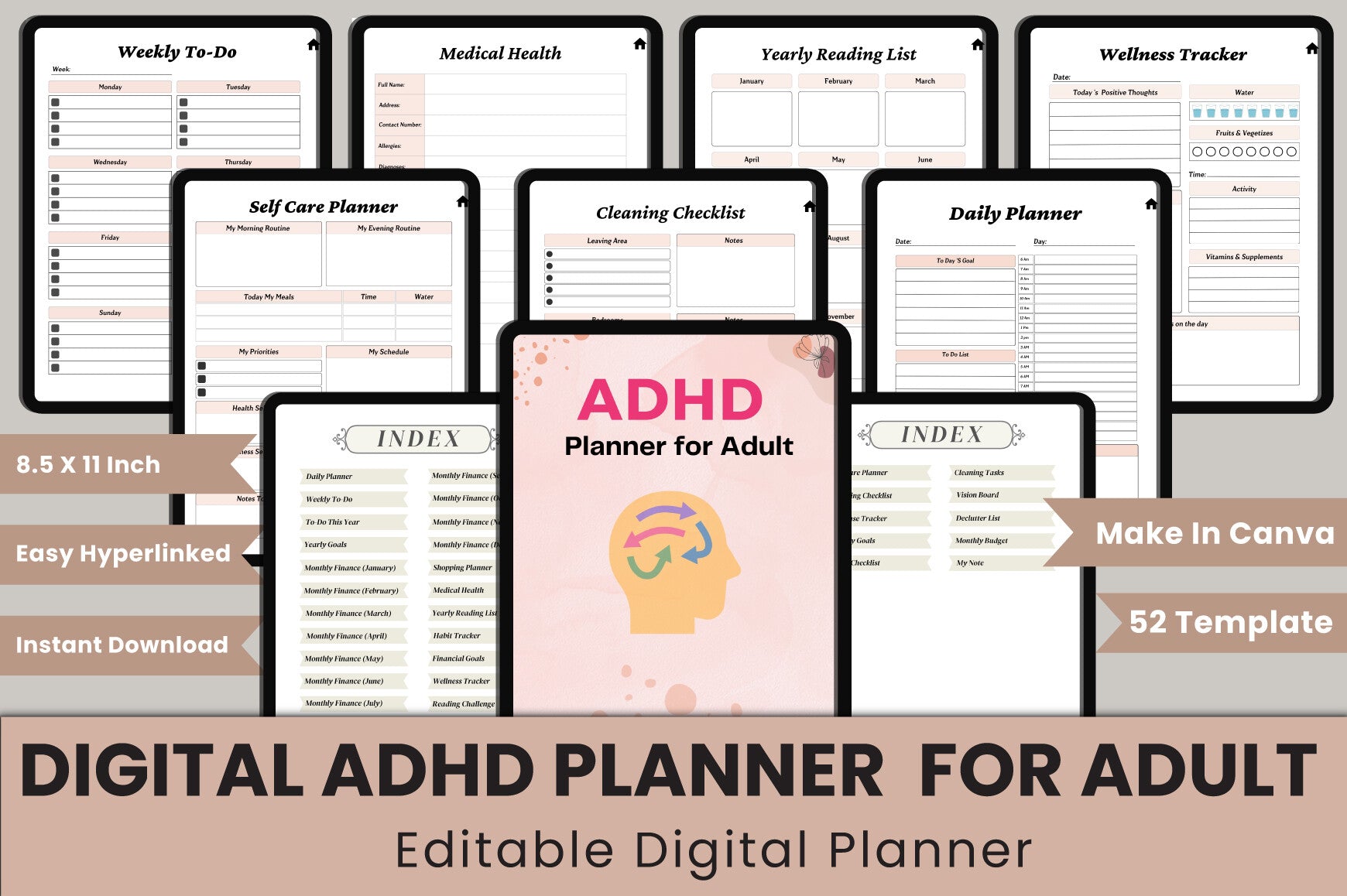 ADHD Printable Planner cover with printable planning and organization pages