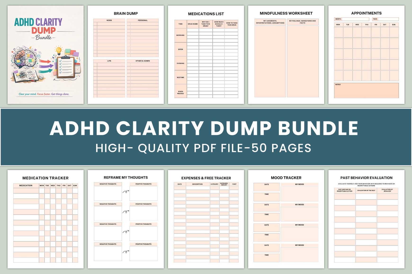 ADHD Clarity Journal cover with printable mindfulness and planning pages