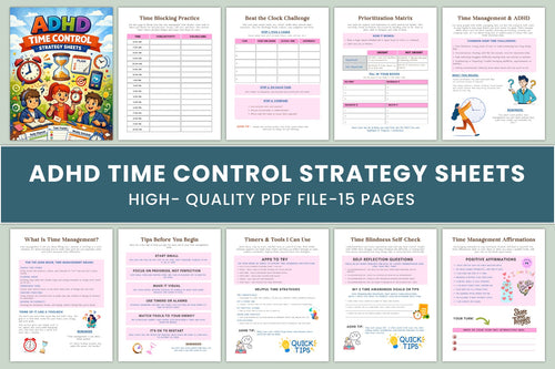 ADHD Time Control Strategy Sheets Planner cover with printable time management pages