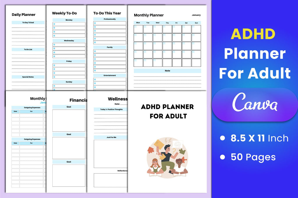 ADHD Printable Planner cover with printable planning and organization pages