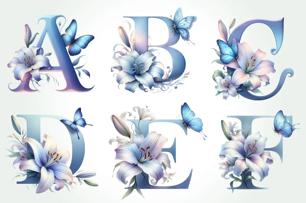 Blue Floral Monogram Alphabet Clipart Bundle