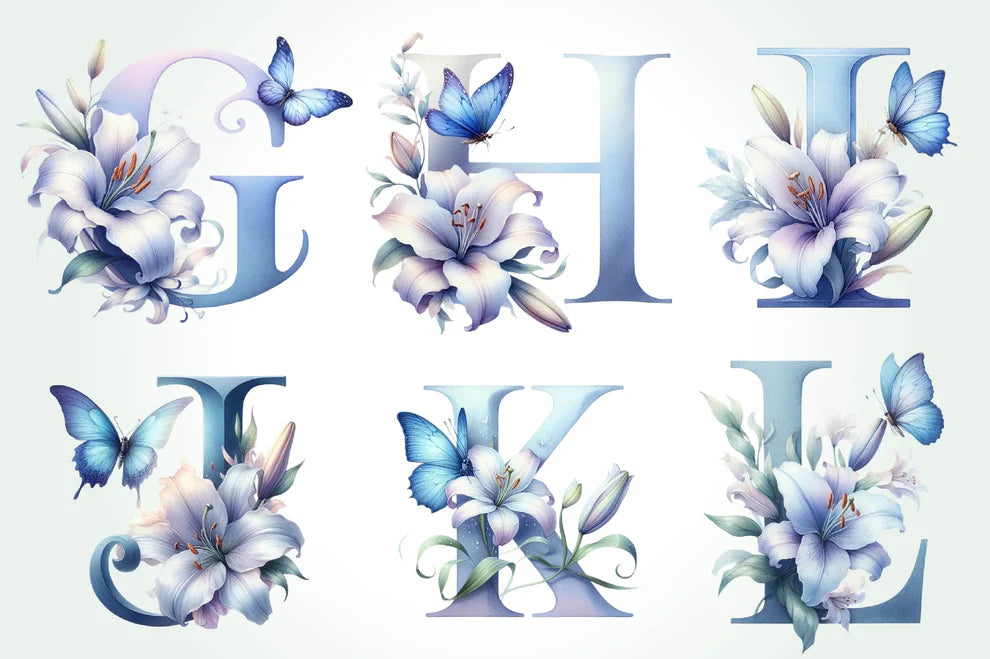Blue Floral Monogram Alphabet Clipart Bundle
