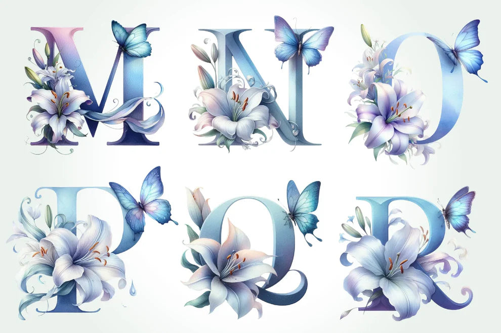 Blue Floral Monogram Alphabet Clipart Bundle