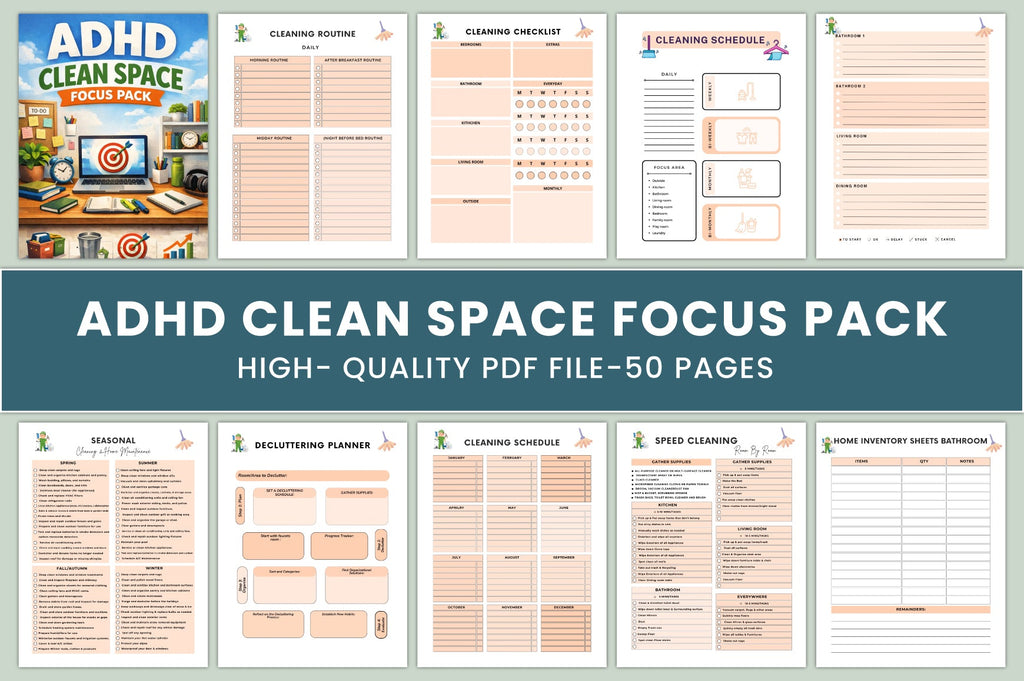 ADHD Clean Space Focus Planner cover with printable home organization pages