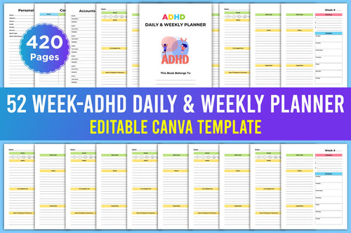 ADHD Daily Weekly Planner cover with printable planning and organization pages
