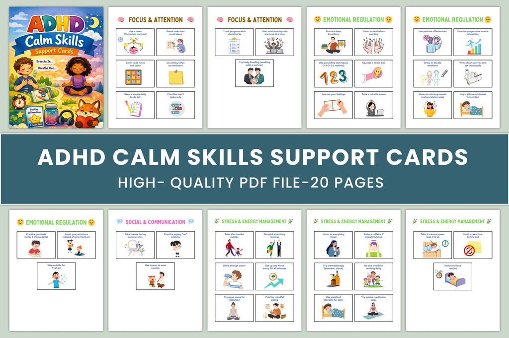 ADHD Calm Skills Support Cards cover with printable calming strategy cards