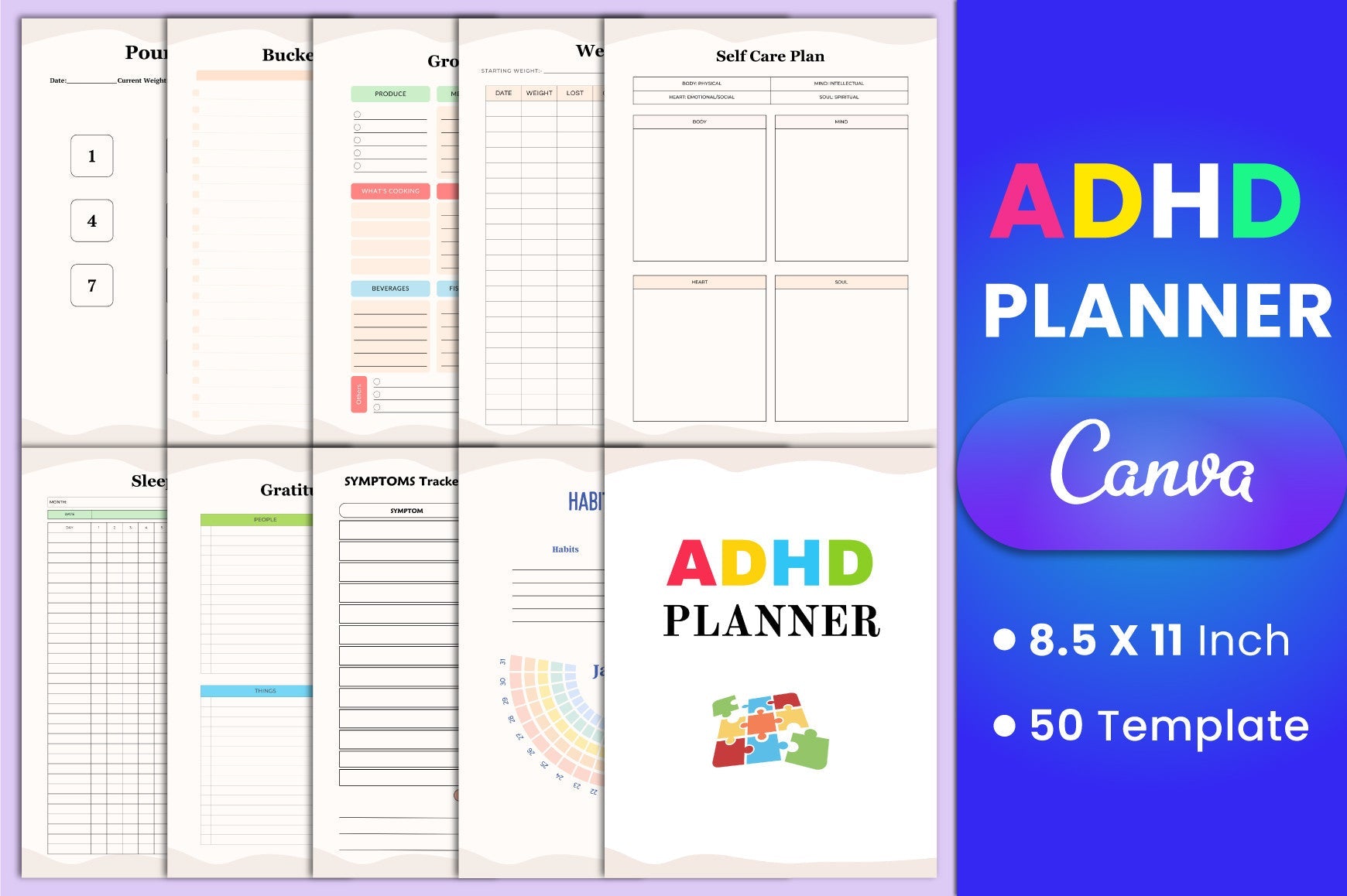 ADHD Printable Planner cover with printable planning and organization pages