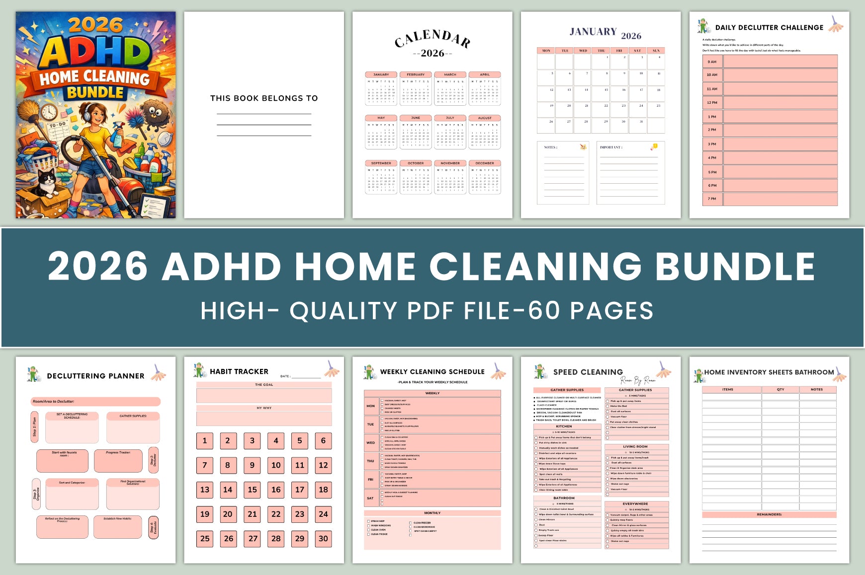 ADHD Home Cleaning Planner cover with printable home cleaning schedule