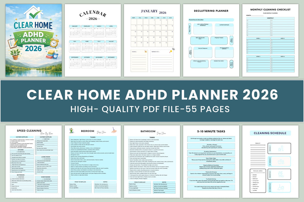 Clear Home ADHD Planner cover with printable home organization pages