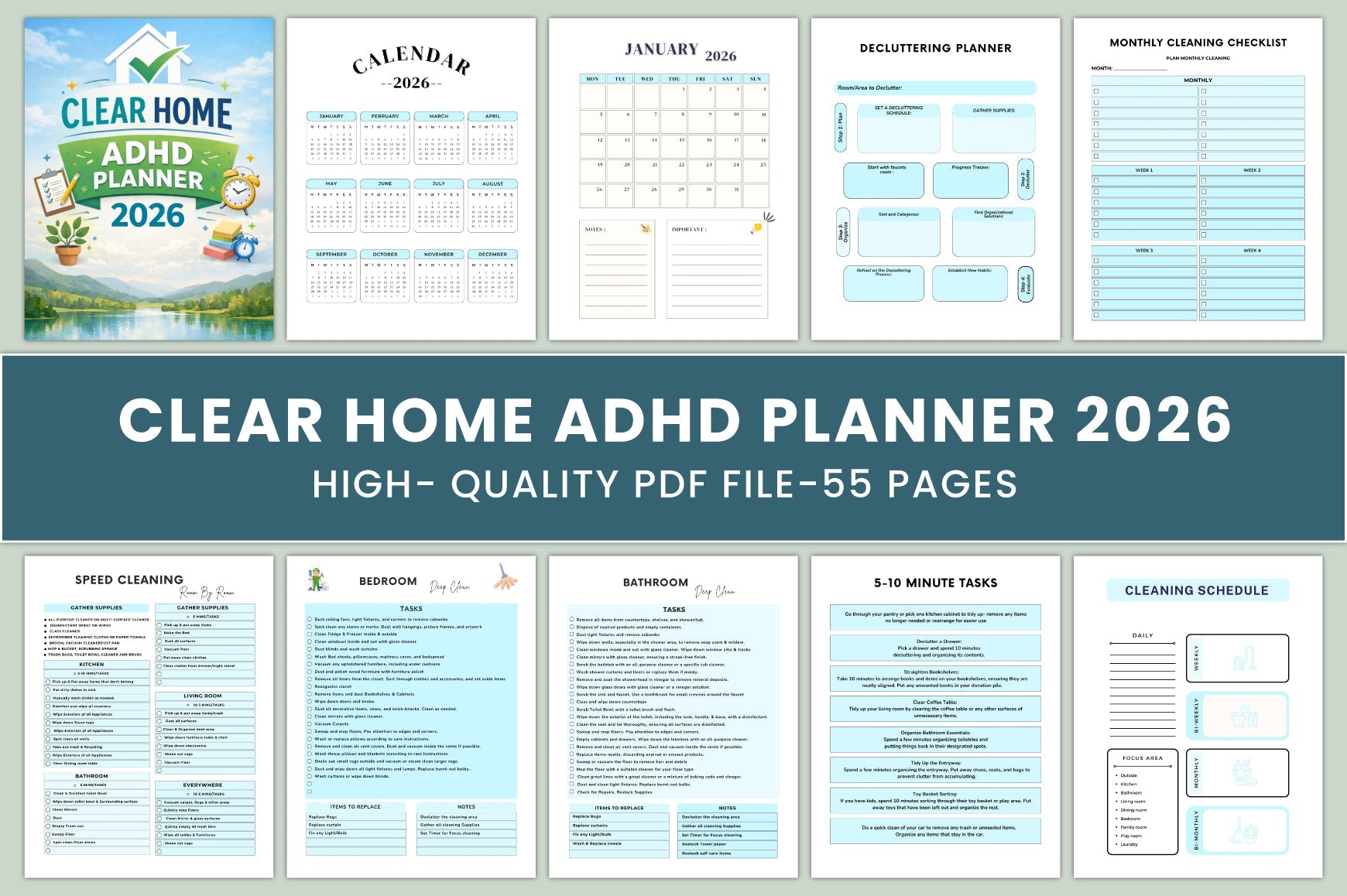 Clear Home ADHD Planner cover with printable home organization pages