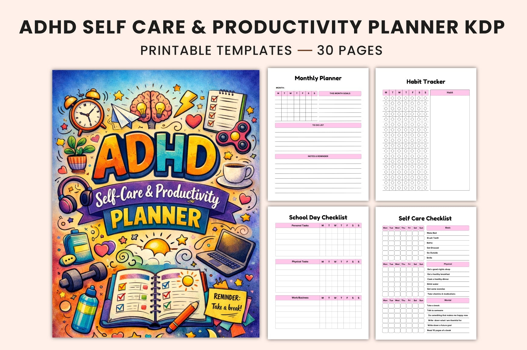 ADHD Self-Care Productivity Planner cover with printable planner pages
