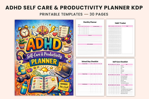 ADHD Self-Care Productivity Planner cover with printable planner pages