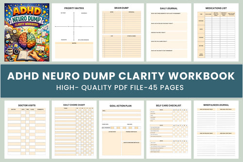 ADHD Neuro Dump Clarity Workbook cover with printable brain dump worksheets