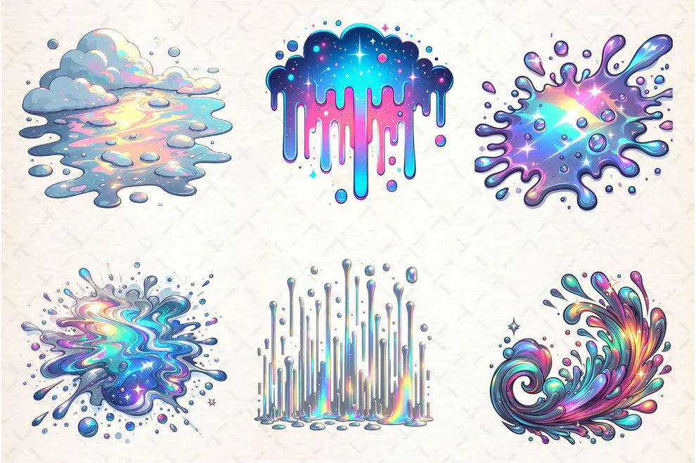 Holographic Drips And Splashes Clipart Bundle