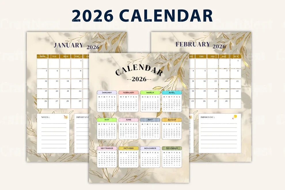 2026 printable calendar pages digital product with floral details.