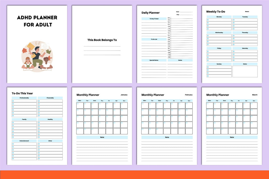 ADHD Printable Planner featuring daily planner and task management pages