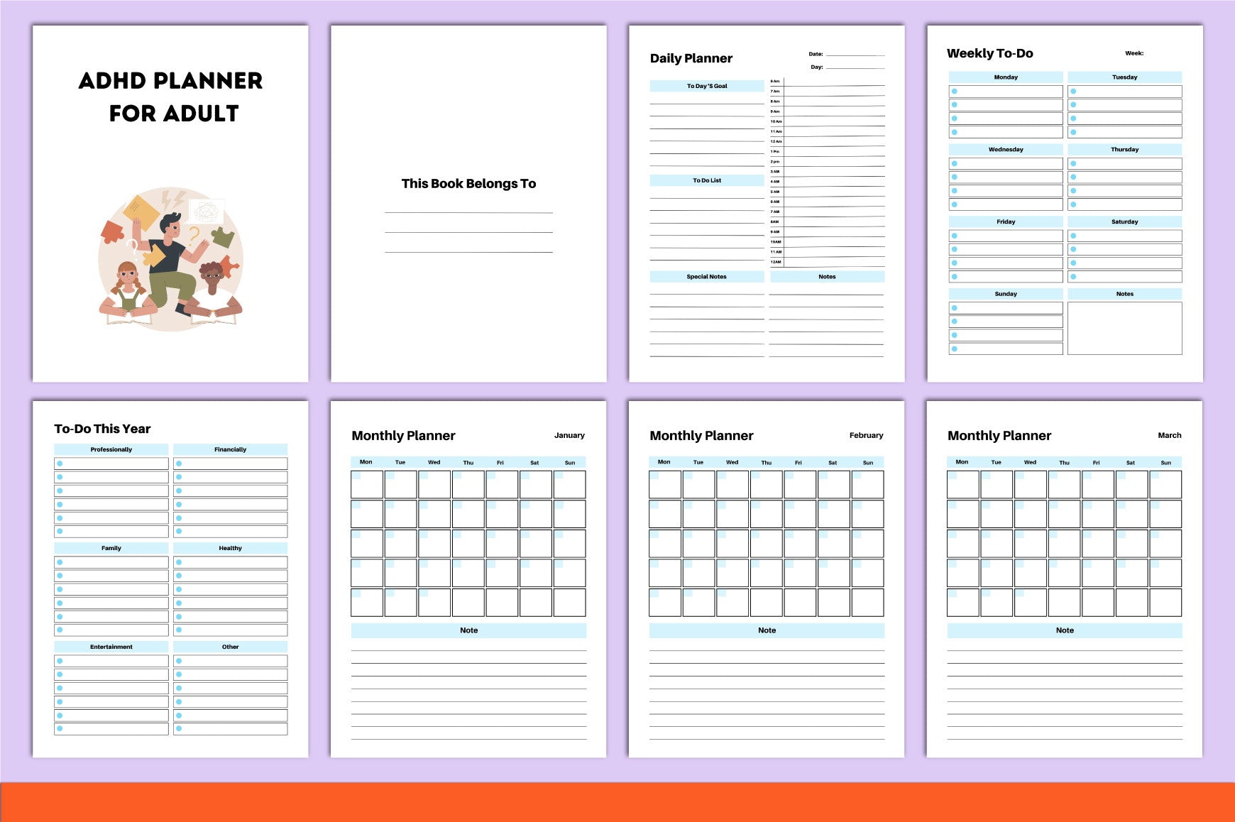 ADHD Printable Planner featuring daily planner and task management pages
