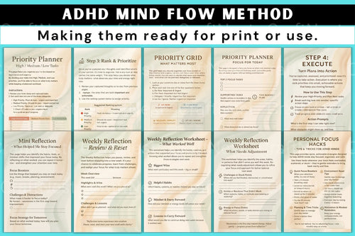 Mind Flow Method worksheets for ADHD featuring brain organization and planning techniques