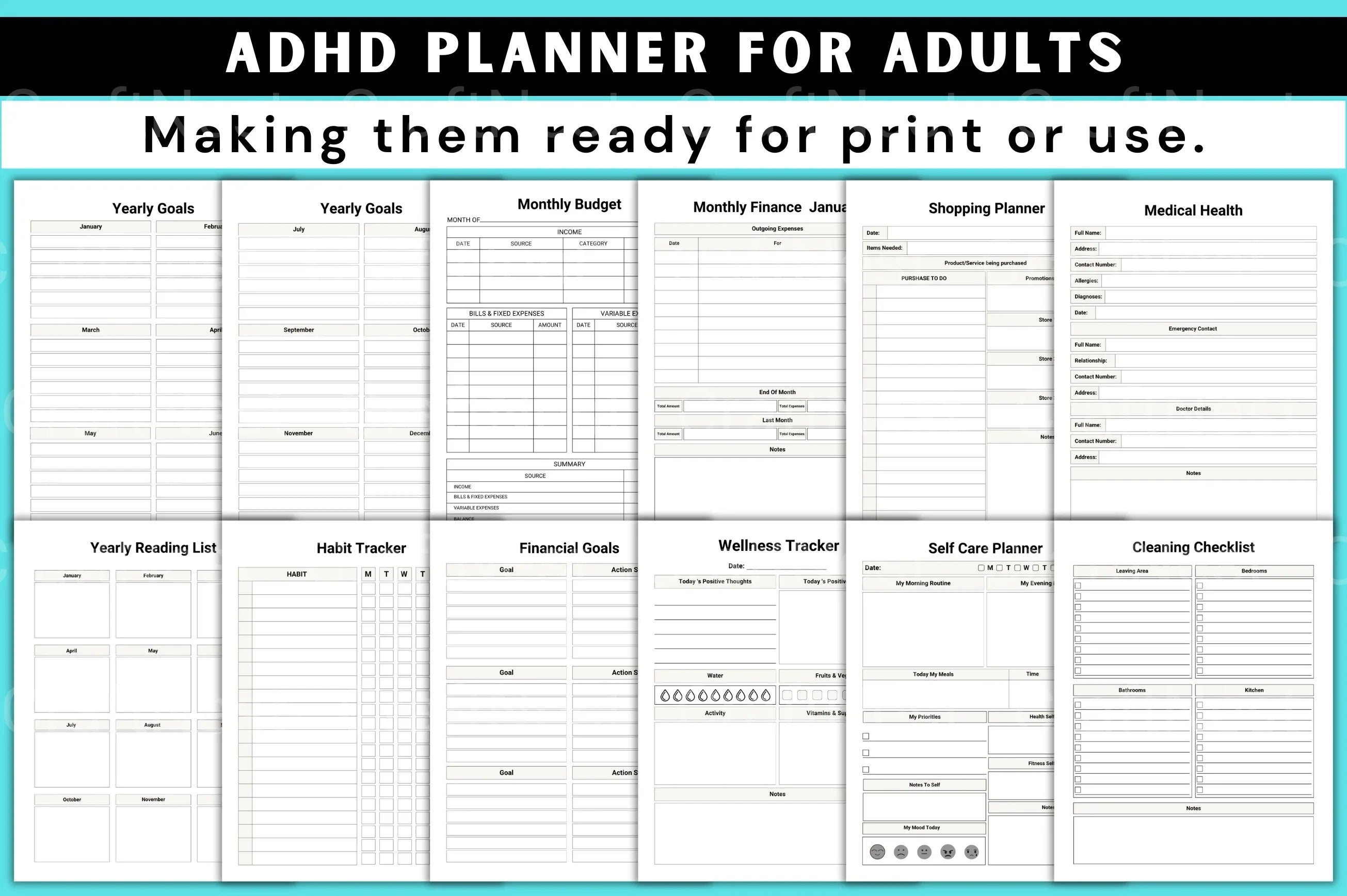 ADHD Printable Planner weekly planner and goal tracking pages