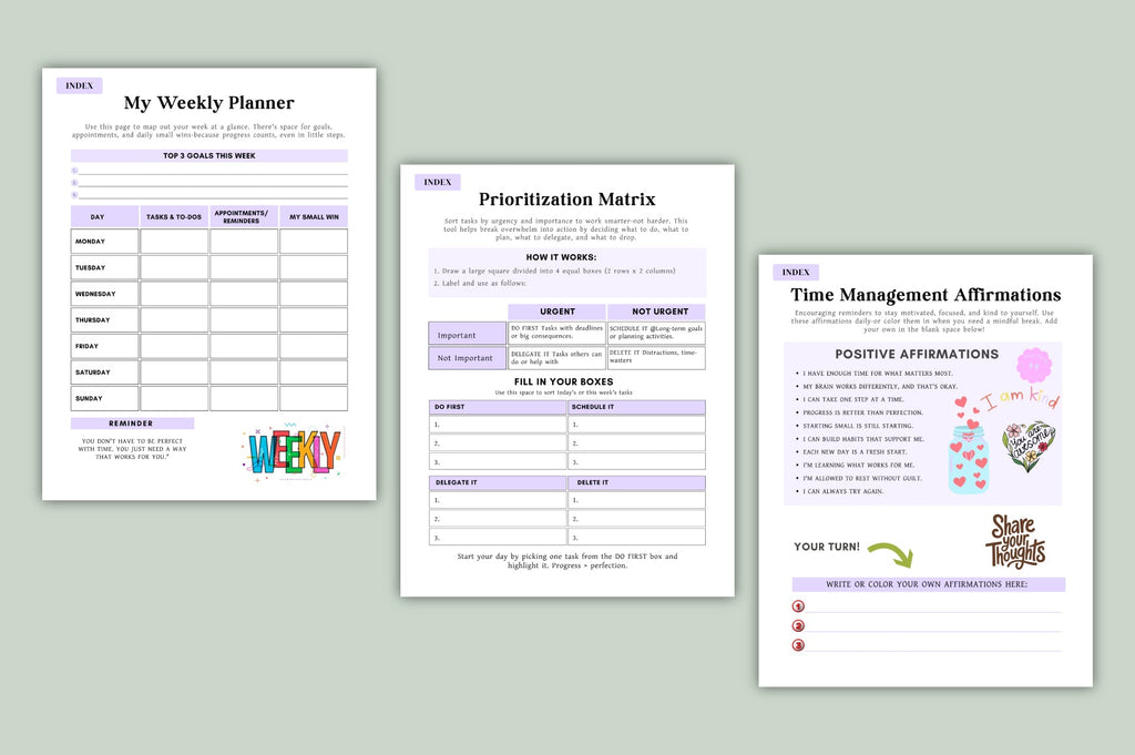 ADHD Time Control Worksheets Book with printable productivity planning pages