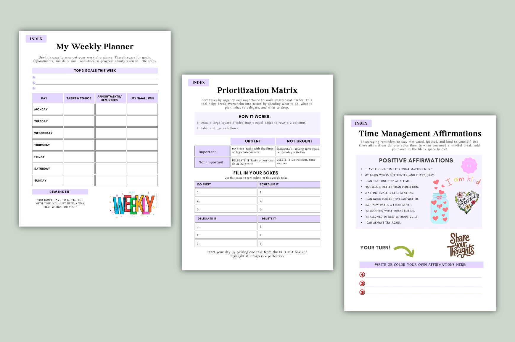 ADHD Time Control Worksheets Book with printable productivity planning pages