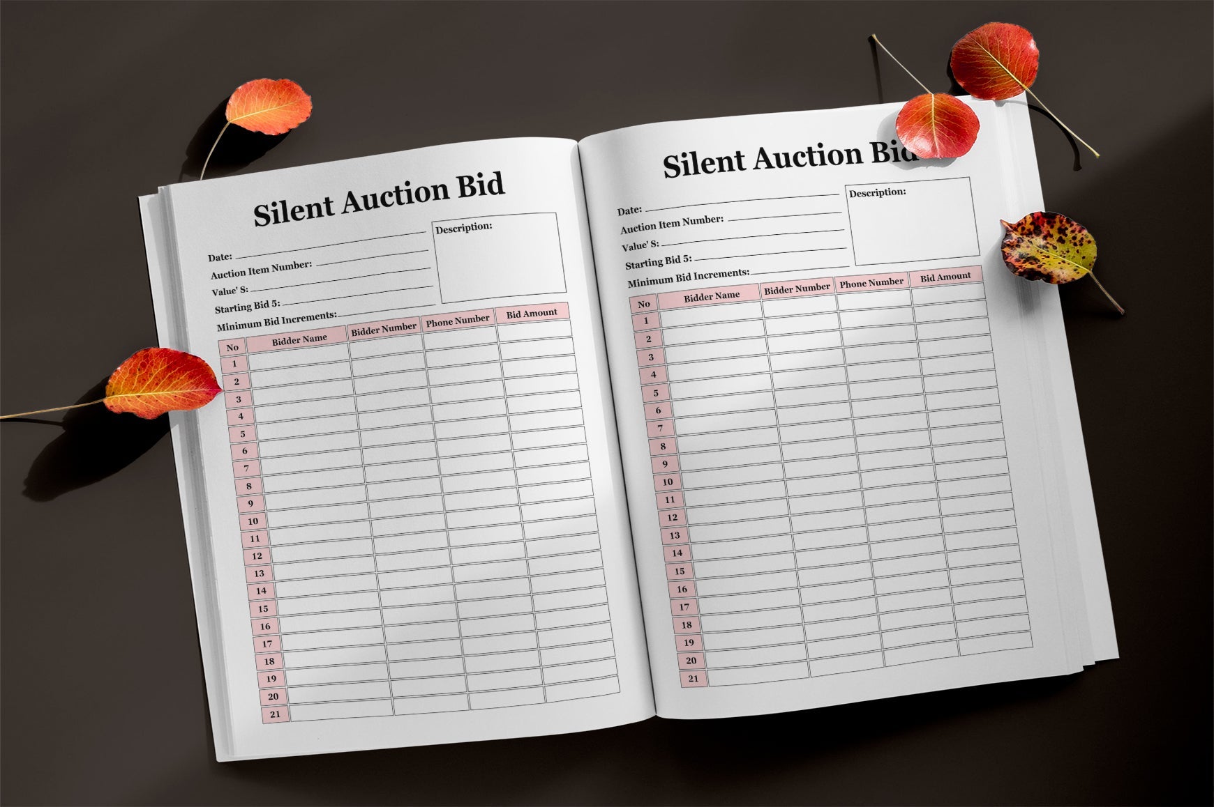 Silent Auction Bid Sheet Planner