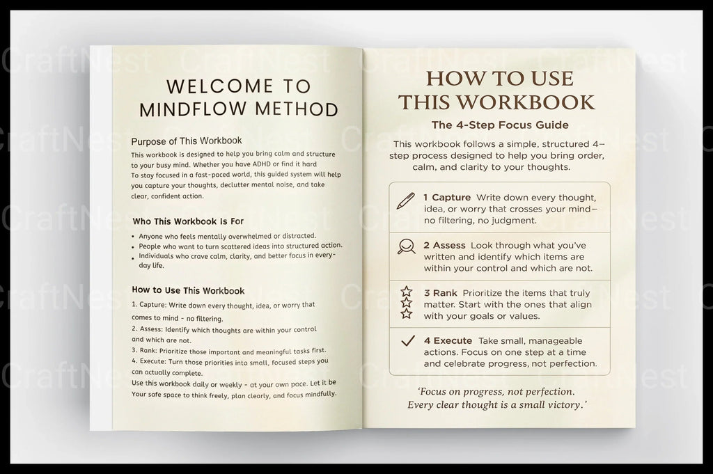 Printable ADHD Mind Flow Method workbook for organizing thoughts and daily priorities