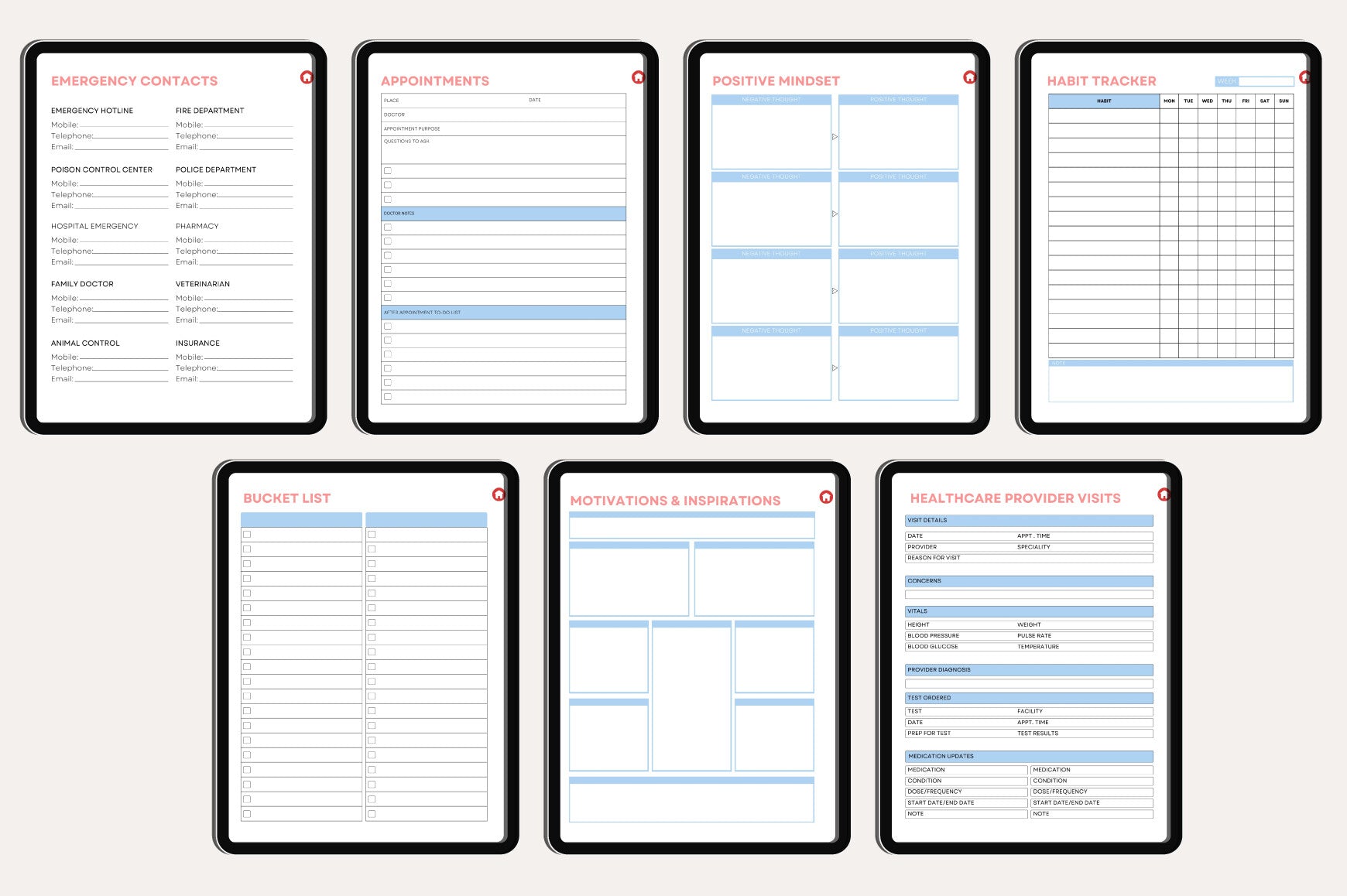 ADHD Adult Planner with goal tracker and habit tracking worksheets
