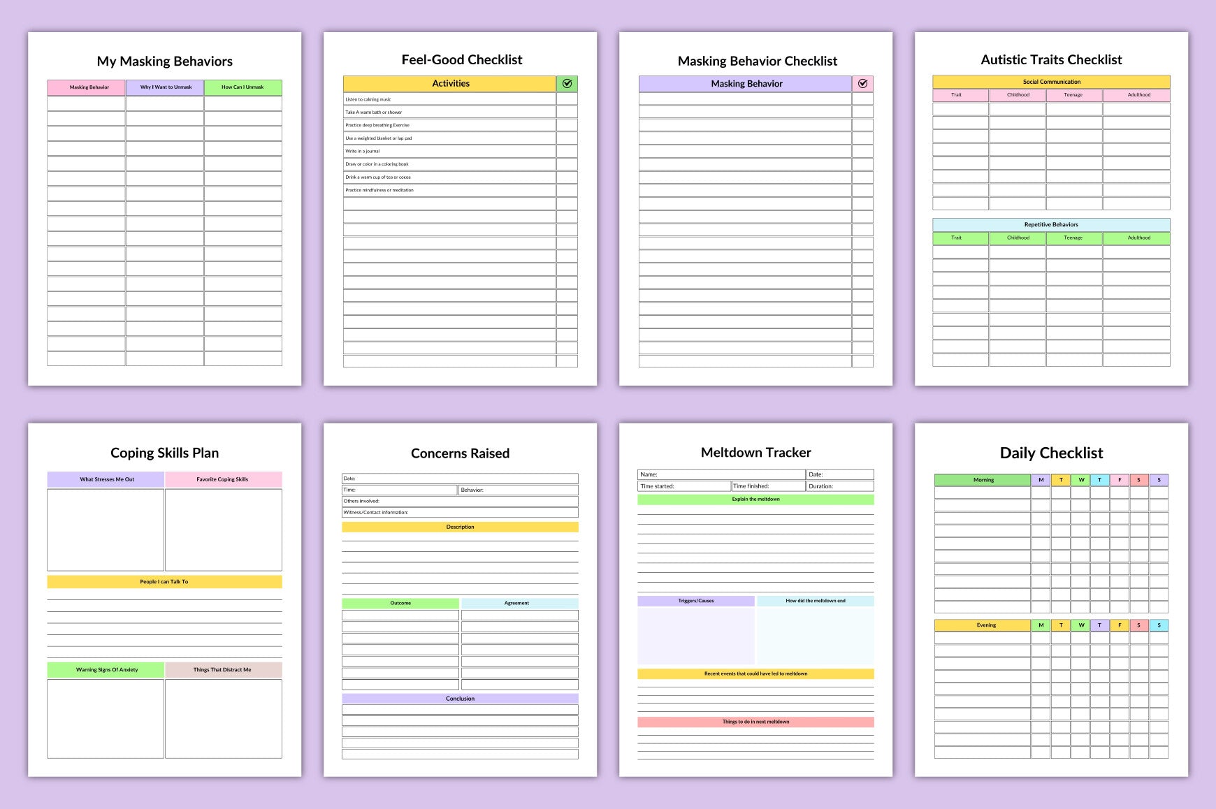 Autistic Planner habit tracker and daily planner pages