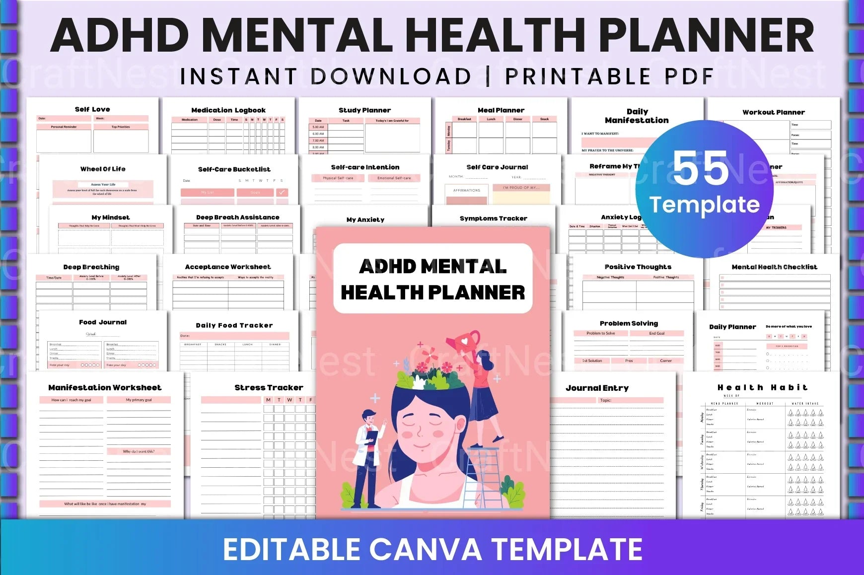 ADHD Mental Health Planner for Improved Focus cover with printable planner