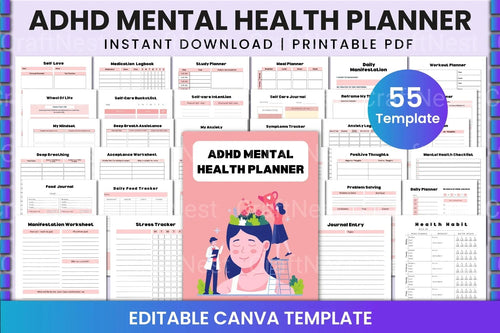 ADHD Mental Health Planner for Improved Focus cover with printable planner