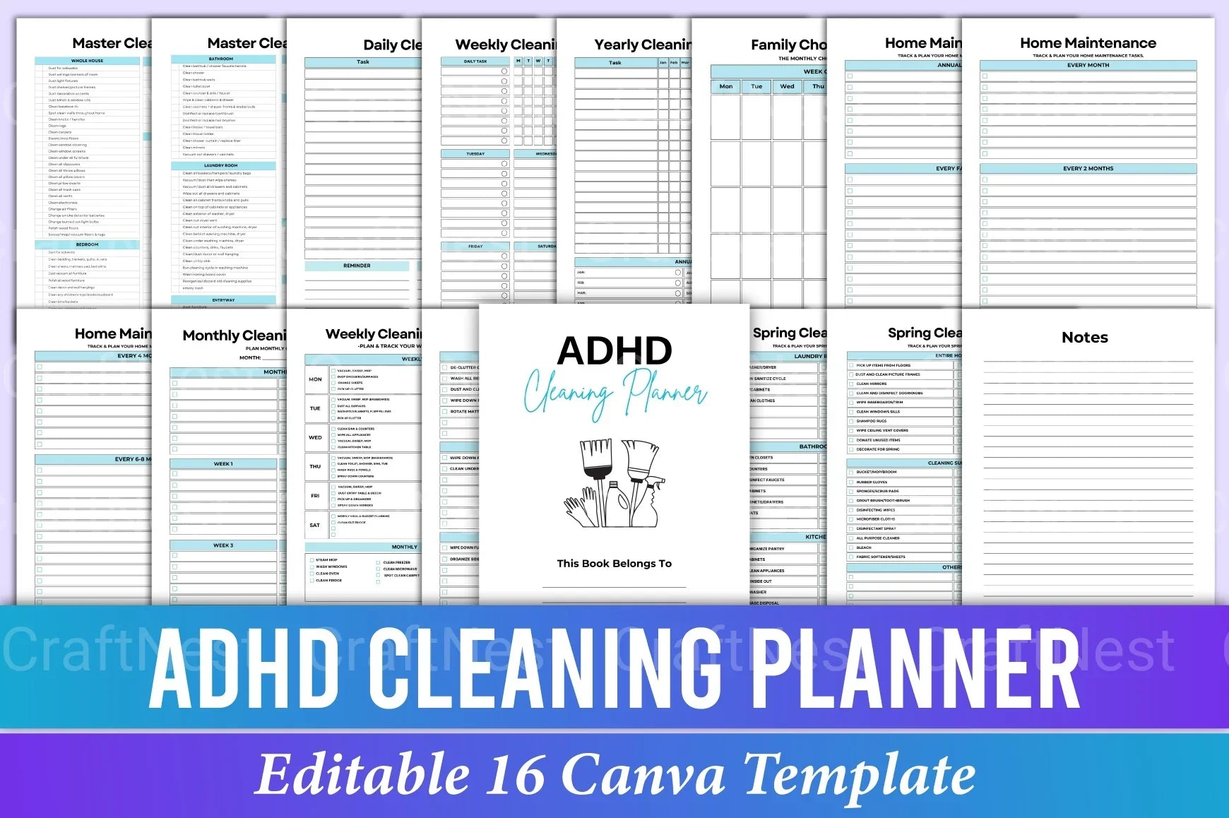 ADHD Printable Planner cleaning schedule and home organization workbook