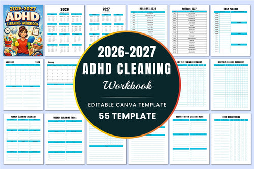 ADHD Cleaning Workbook cover with printable home cleaning planner