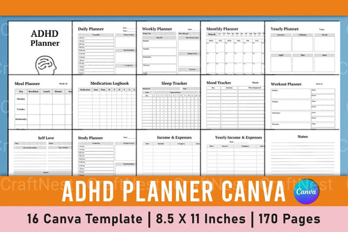 ADHD Printable Planner Canva template cover page for ADHD Brain Boost system