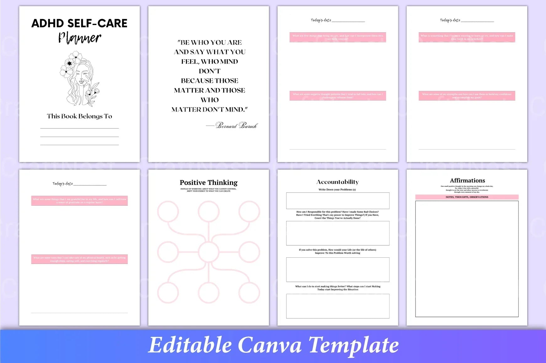 Self-care planner pages for ADHD featuring daily wellness tracker and healthy habit planner