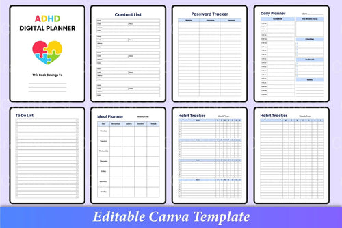 ADHD planner featuring productivity tracker, schedule planner, and task management worksheets