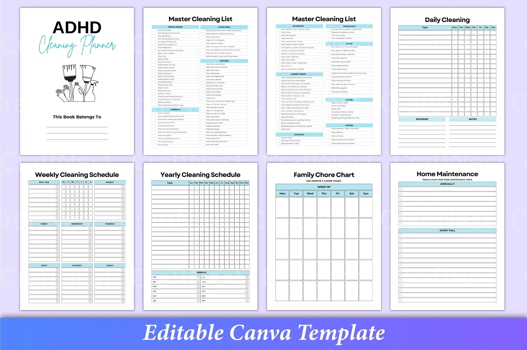 ADHD Printable Planner room by room cleaning checklist pages